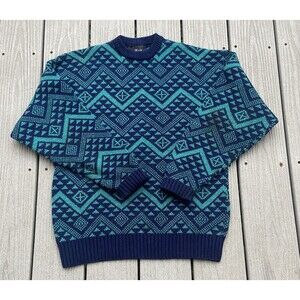 VTG The Aspen Lid Sweater Blue Green Geometric Knit USA Made 80s Ski M Nordic
